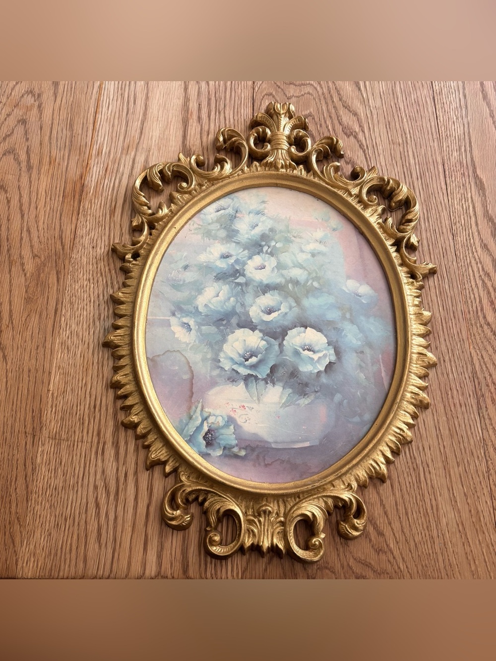 Vintage Ornate Gold Framed Blue Floral Wall Art